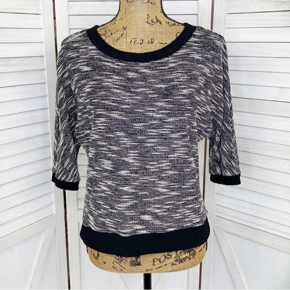Loft Heathered Loop‎ Knit Half Sleeve Sweater Black Cream XS